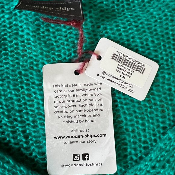 NWT Wooden Ships Shirt Tail V-Neck Lightweight Sweater, Teal Plunge, S/M - Picture 3 of 6